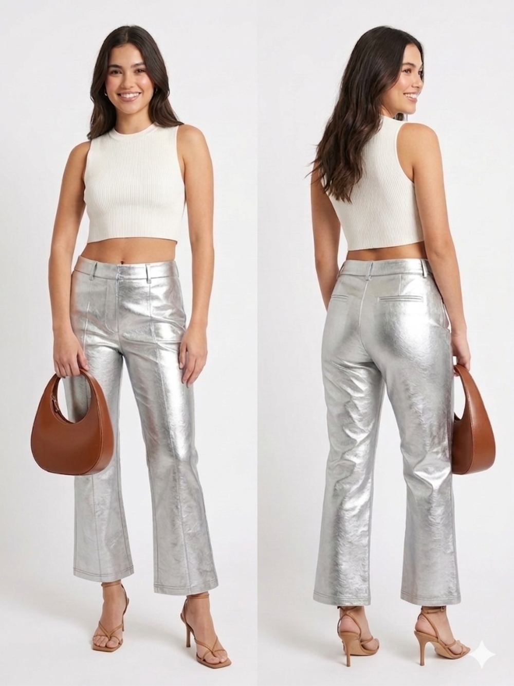 7 For All Mankind Metallic Silver Faux Leather Cropped Flare Pants - Size M - Picture 3 of 10